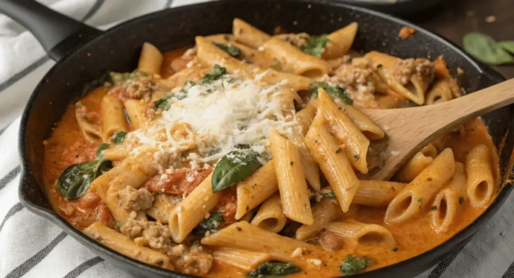 A delicious one-skillet cheesy ground chicken pasta recipe served in a white dish, garnished with parsley.