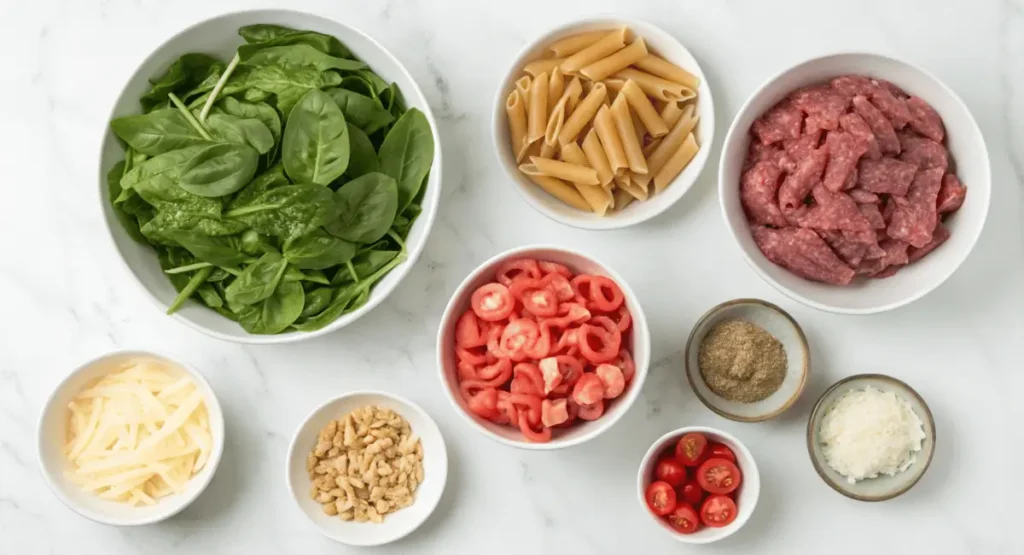 A delicious one-skillet cheesy ground chicken pasta recipe served in a white dish, garnished with parsley.