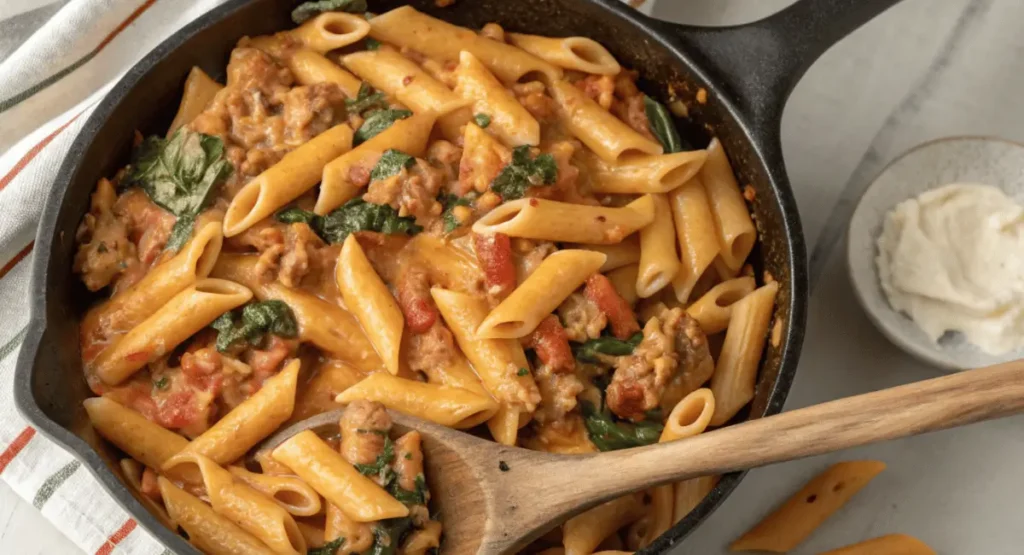 A delicious one-skillet cheesy ground chicken pasta recipe served in a white dish, garnished with parsley.