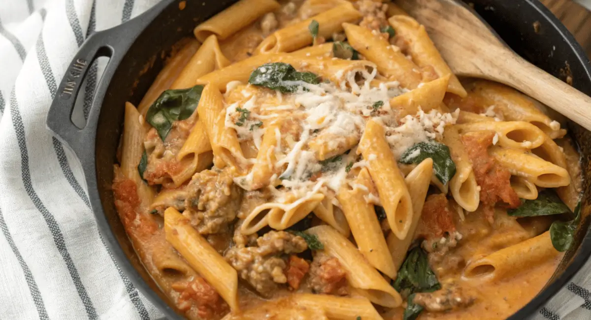 A delicious one-skillet cheesy ground chicken pasta recipe served in a white dish, garnished with parsley.