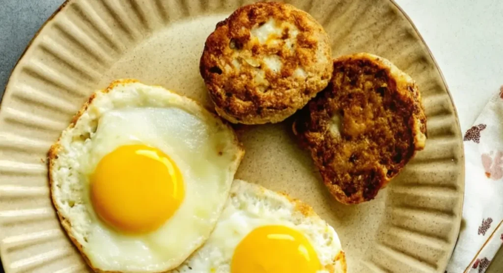  A top-down shot of a plate of dinner food including two fried eggs and two chicken apple sausages.