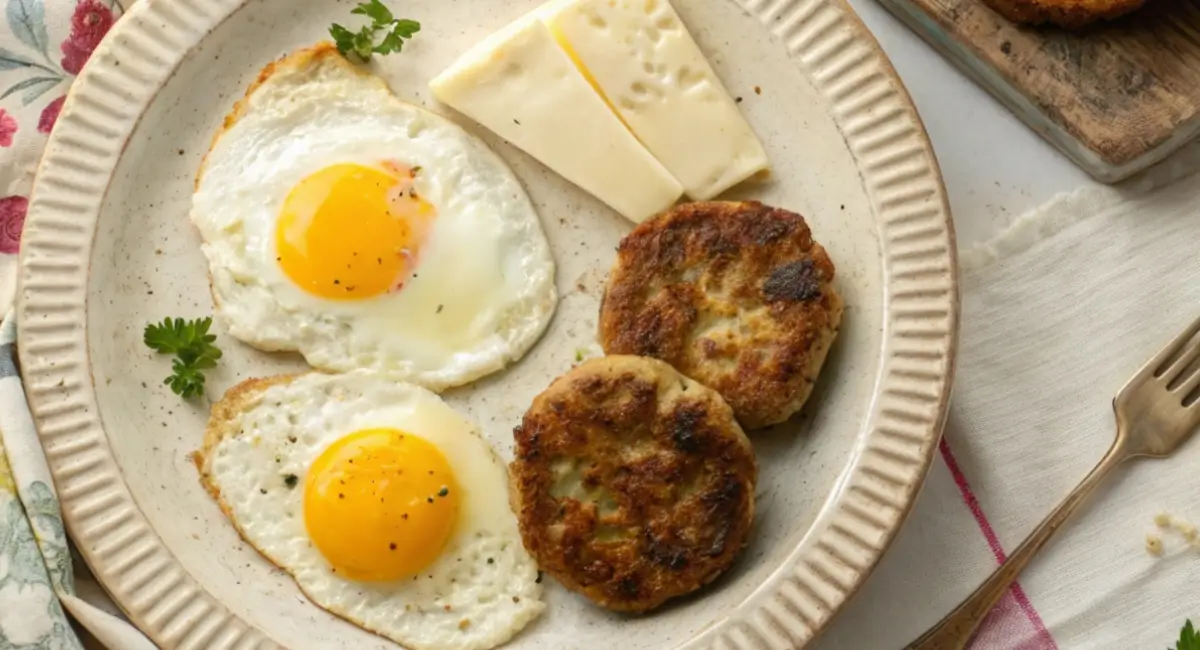 A dinner plate with sunny-side-up eggs, chicken apple sausage patties, and sliced cheese.