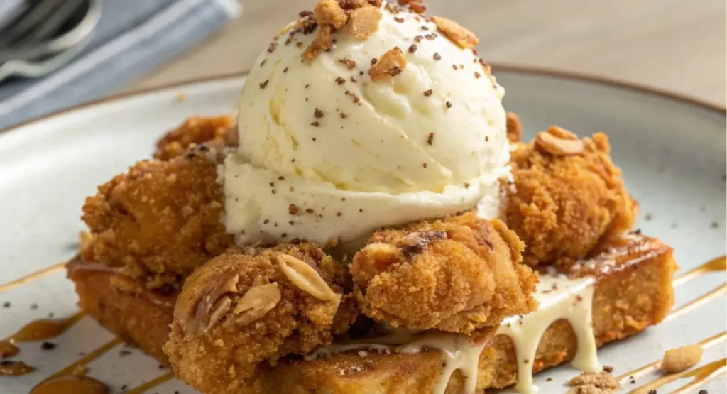 A gourmet dish featuring fried chicken pieces, vanilla ice cream, and caramel drizzle served over a thick slice of toast.