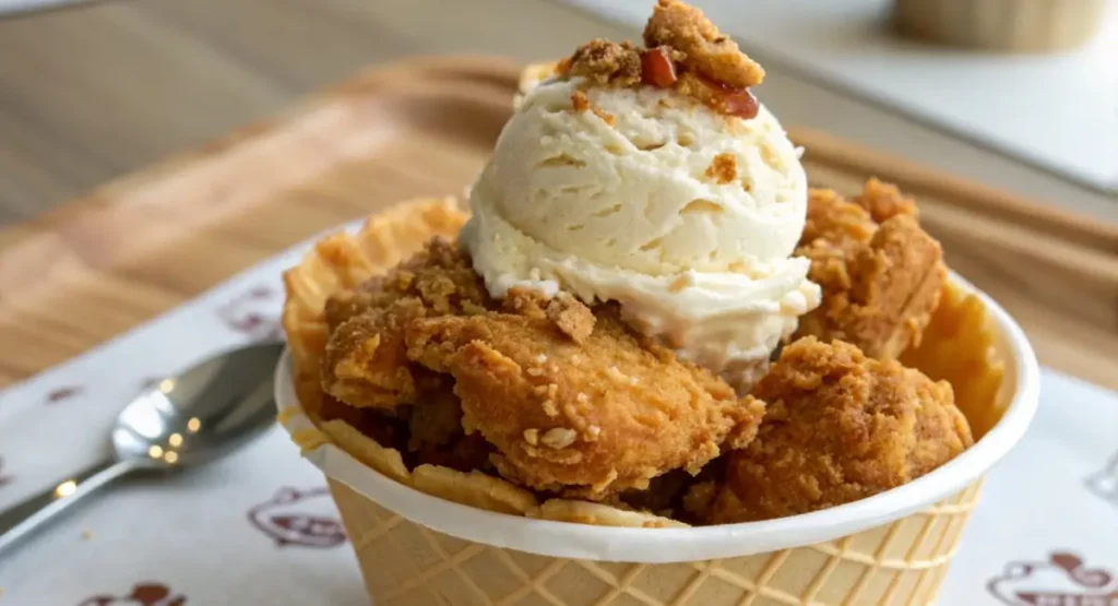 A waffle bowl filled with crispy fried chicken and a scoop of vanilla ice cream, topped with crunchy bits for a sweet and savory twist.