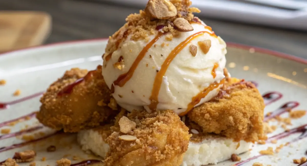 A unique dessert featuring fried chicken pieces paired with a scoop of vanilla ice cream, garnished with caramel drizzle and crunchy toppings.