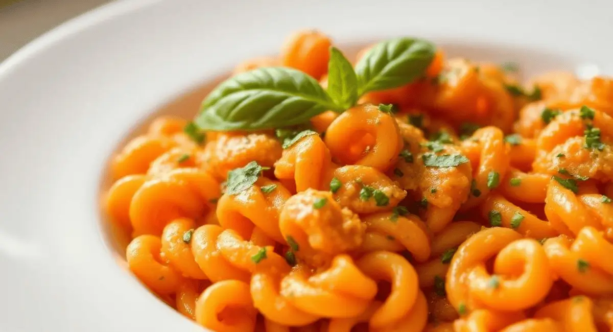 A close-up shot of delicious Chicken Pasta in Crockpot, garnished with fresh basil and parmesan cheese.