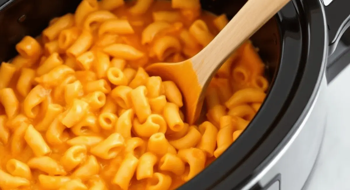 A close-up shot of delicious Chicken Pasta in Crockpot, garnished with fresh basil and parmesan cheese.