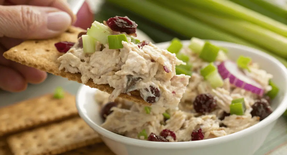 A bowl of delicious chicken salad with cranberries and pecans, ready to be served