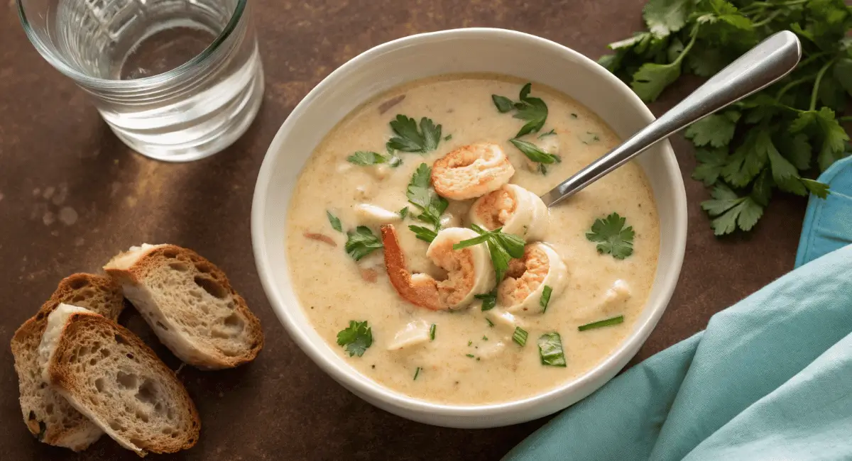 Creamy and delicious homemade Crab and Shrimp Seafood Bisque served in a bowl.