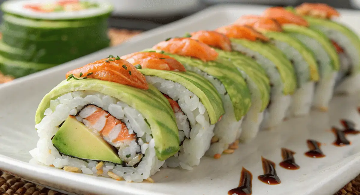 A delicious homemade caterpillar roll sushi, featuring layers of eel, avocado, and rice