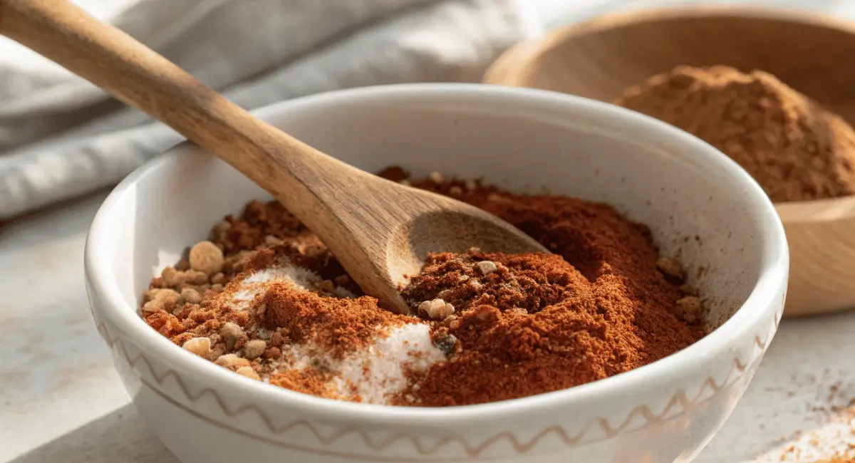 Vibrant, colorful homemade chicken taco seasoning in a glass jar, overflowing with flavor and ready to spice up your next meal.