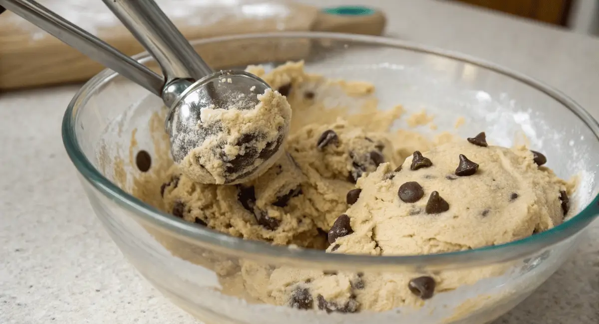 Close-up of creamy cottage cheese cookie dough with chocolate chips in a bowl, focus keyword is cottage cheese cookie dough.