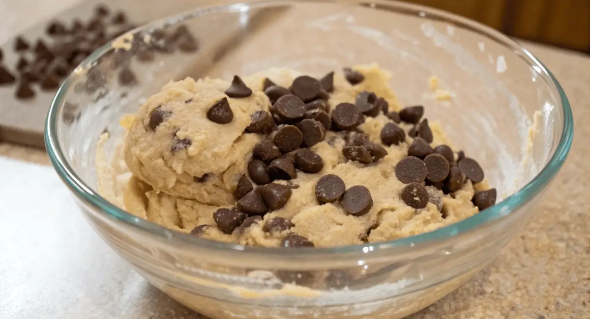 Close-up of creamy cottage cheese cookie dough with chocolate chips in a bowl, focus keyword is cottage cheese cookie dough.