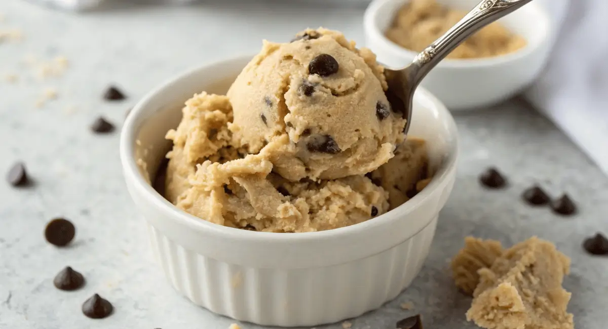 Close-up of creamy cottage cheese cookie dough with chocolate chips in a bowl, focus keyword is cottage cheese cookie dough.