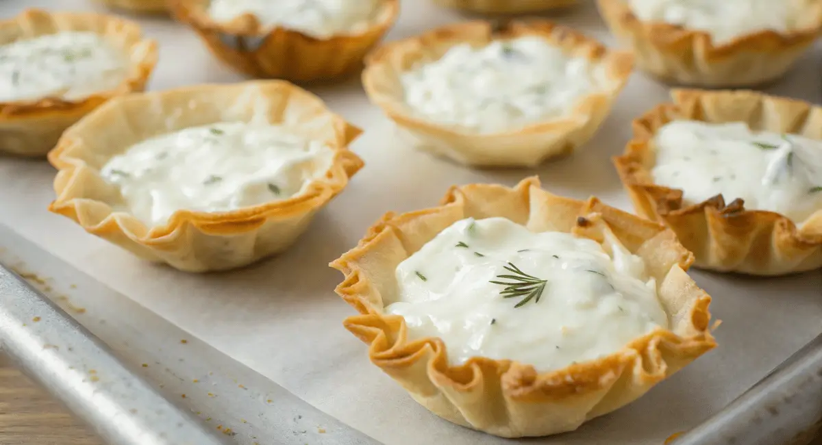 Golden brown phyllo cups filled with cranberry and goat cheese