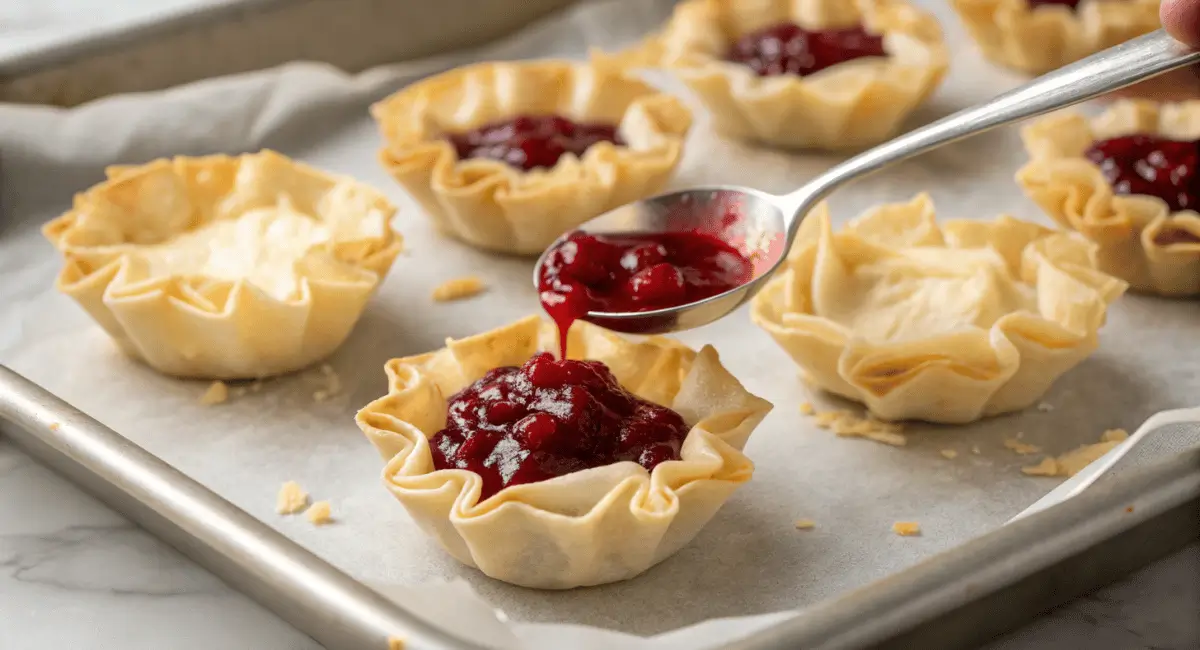 Golden brown phyllo cups filled with cranberry and goat cheese