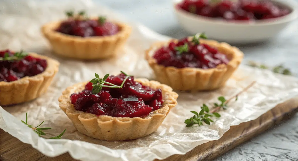 Golden brown phyllo cups filled with cranberry and goat cheese