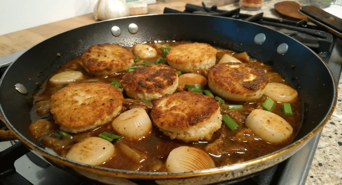 A vibrant fishcakes and scallops stir fry recipe in a wok, garnished with green onions, and sesame seeds.