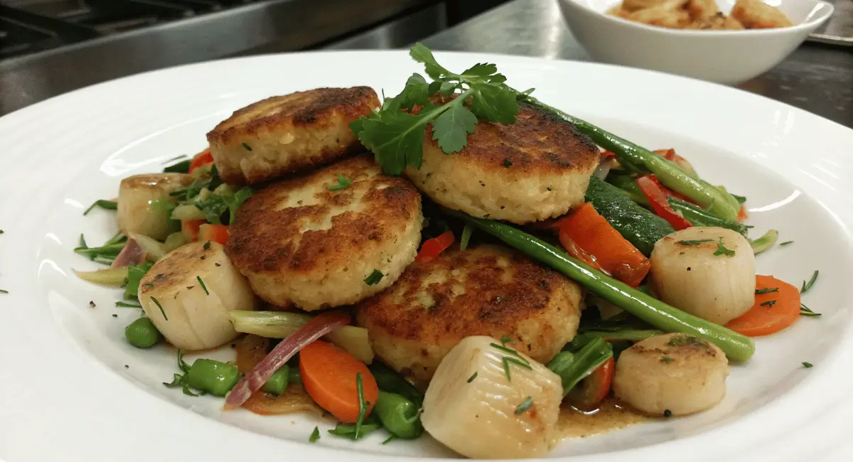 A vibrant fishcakes and scallops stir fry recipe in a wok, garnished with green onions, and sesame seeds.