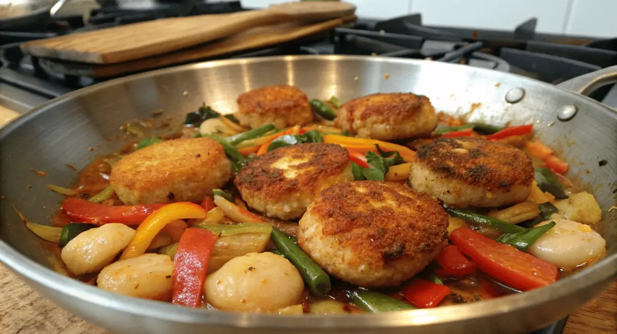 A vibrant fishcakes and scallops stir fry recipe in a wok, garnished with green onions, and sesame seeds.