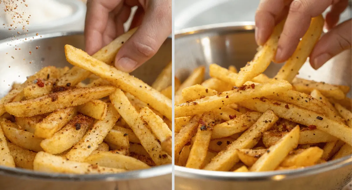 Homemade french fry seasoning in a glass jar next to a bowl of seasoned french fries.