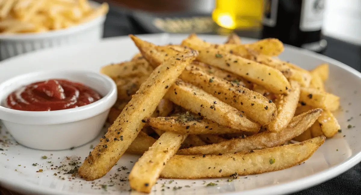 Homemade french fry seasoning in a glass jar next to a bowl of seasoned french fries.