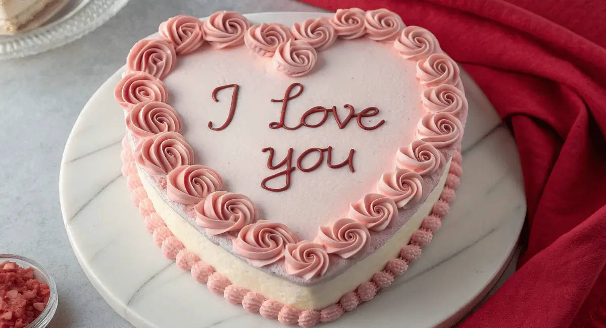 Close up of a delicious heart shaped cake