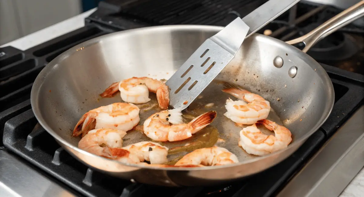 Close-up of perfectly cooked salt and pepper shrimp with garlic, chili, and green onions. The image shows a detailed view of the golden-brown crispy shrimp