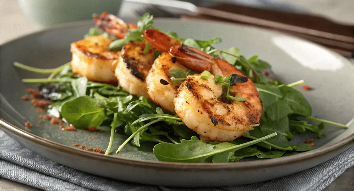 Close-up of perfectly cooked salt and pepper shrimp with garlic, chili, and green onions. The image shows a detailed view of the golden-brown crispy shrimp