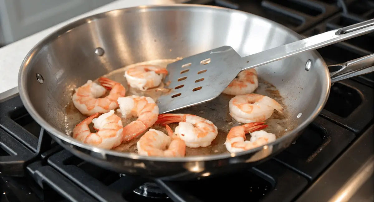 Close-up of perfectly cooked salt and pepper shrimp with garlic, chili, and green onions. The image shows a detailed view of the golden-brown crispy shrimp