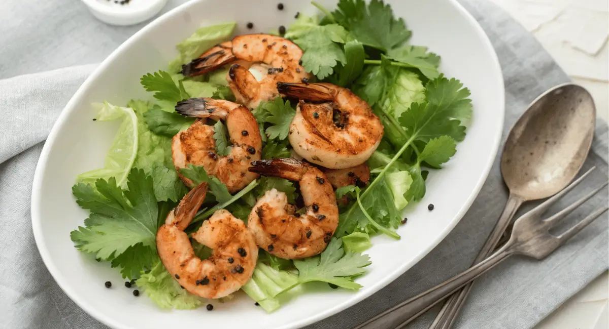 Close-up of perfectly cooked salt and pepper shrimp with garlic, chili, and green onions. The image shows a detailed view of the golden-brown crispy shrimp