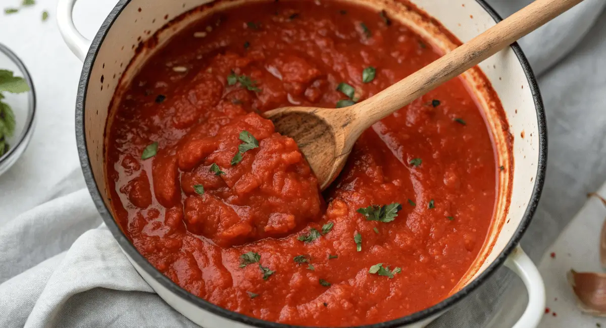 Delicious homemade san marzano tomato sauce simmering in a pot