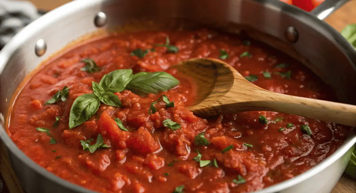 Delicious homemade san marzano tomato sauce simmering in a pot