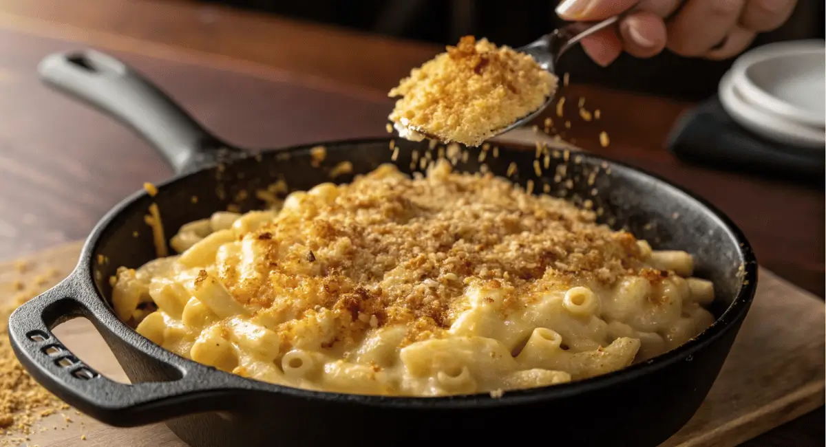 A close-up shot of creamy, bubbly smoked mac and cheese in a baking dish, with visible smoke and a golden brown top, showcasing its irresistible texture and flavor.