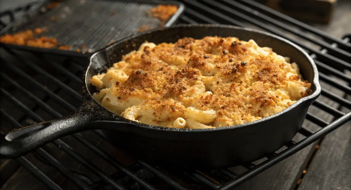 A close-up shot of creamy, bubbly smoked mac and cheese in a baking dish, with visible smoke and a golden brown top, showcasing its irresistible texture and flavor.