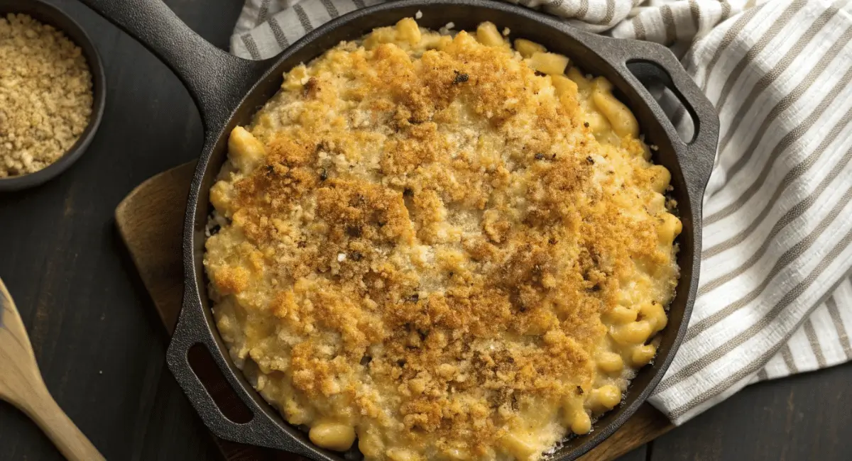 A close-up shot of creamy, bubbly smoked mac and cheese in a baking dish, with visible smoke and a golden brown top, showcasing its irresistible texture and flavor.