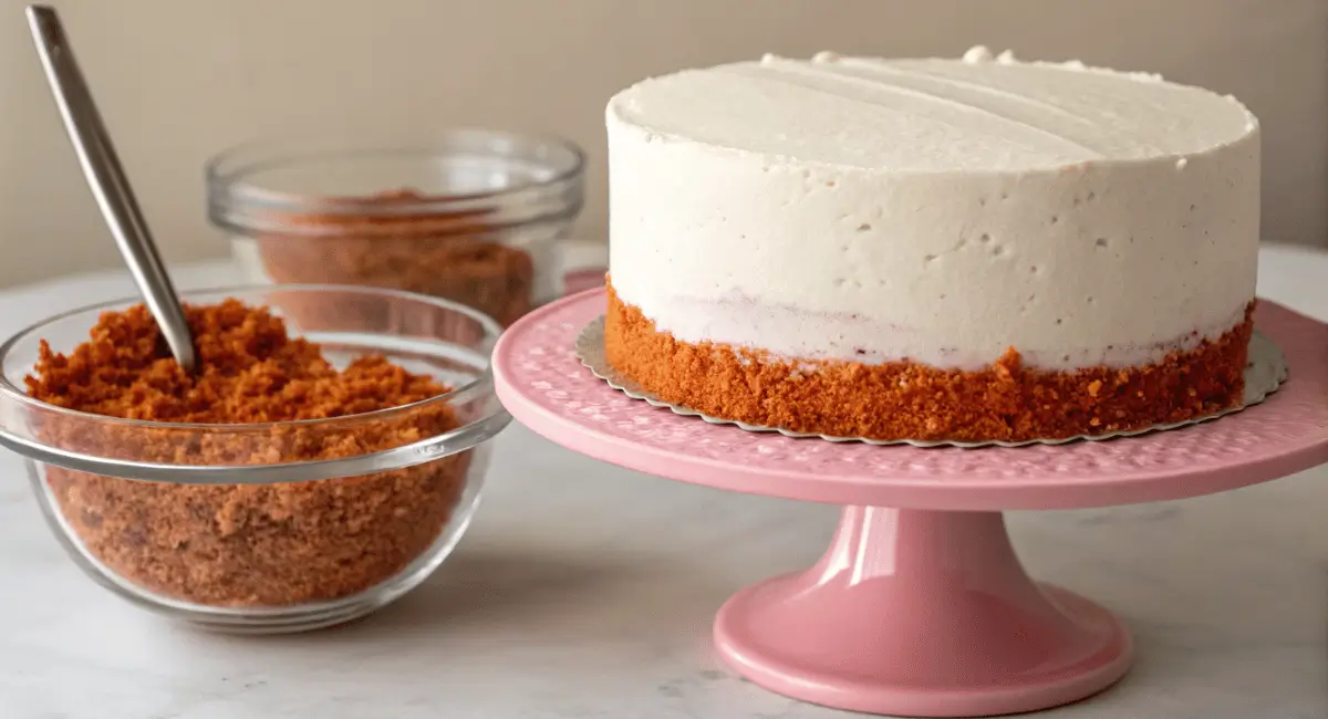 Slices of strawberry crunch cake stacked on a plate, showing layers of cake, frosting, and crunchy topping, focus keyword is strawberry crunch cake.