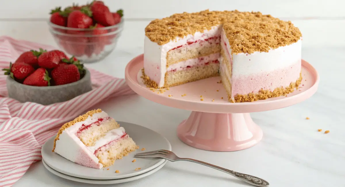 Slices of strawberry crunch cake stacked on a plate, showing layers of cake, frosting, and crunchy topping, focus keyword is strawberry crunch cake.