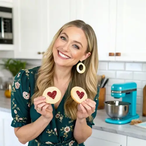 Image is a portrait-style photograph featuring Bitty Recipes in a kitchen setting. She has light skin, long blonde hair, and is smiling broadly