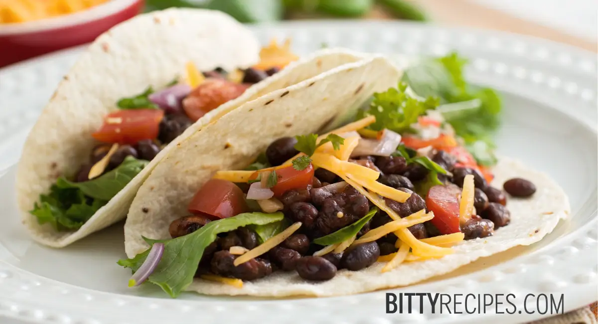 Two completed Chipotle Black Bean Tacos on a white plate, garnished with cheese and vegetables.