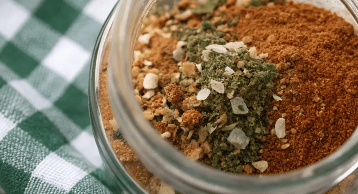 A close-up photo of the dry beefy onion soup mix in a jar