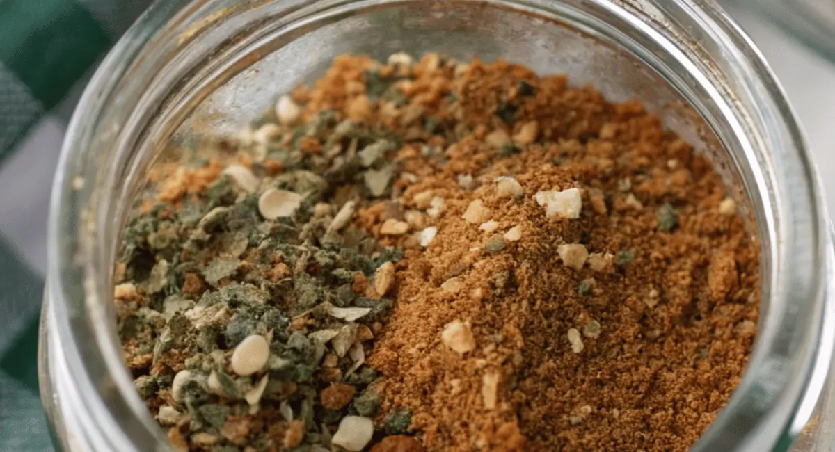 A close-up photo of the dry beefy onion soup mix in a jar