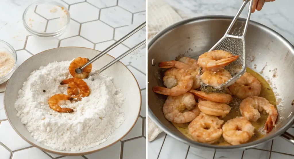 Photos showcasing each cooking method - pan-frying, air frying, and baking boom boom shrimp recipe.