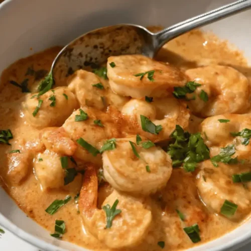 A close-up shot of perfectly cooked boom boom shrimp recipe, drizzled with sauce, on a white plate