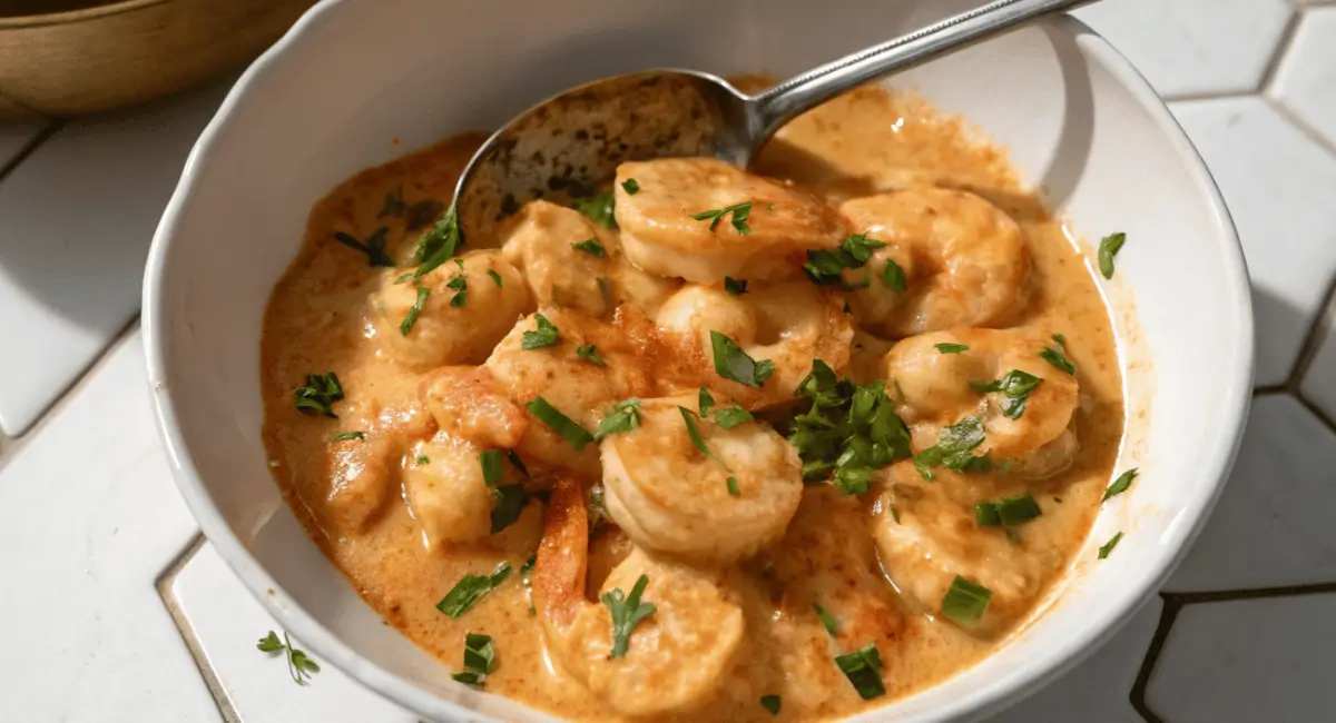 A close-up shot of perfectly cooked boom boom shrimp recipe, drizzled with sauce, on a white plate