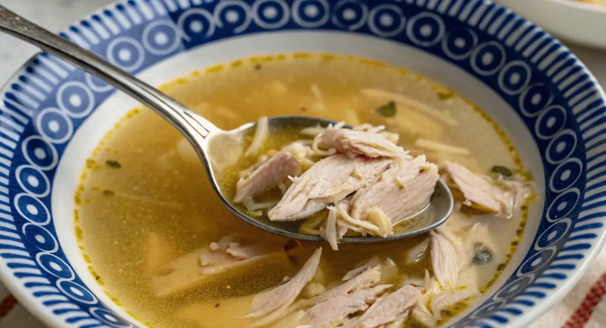 Bowl of chicken drumstick soup with shredded chicken and broth.