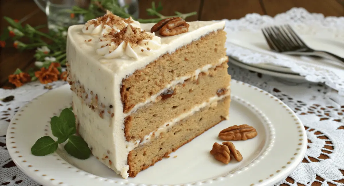 image showcases a style of food photography featuring a slice of two-layer italian cream cake recipe on a white plate.