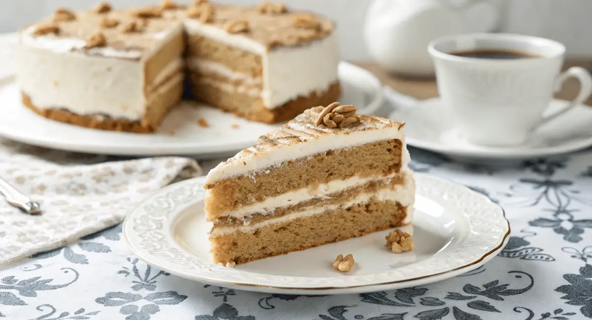 image showcases a style of food photography featuring a slice of two-layer italian cream cake recipe on a white plate.