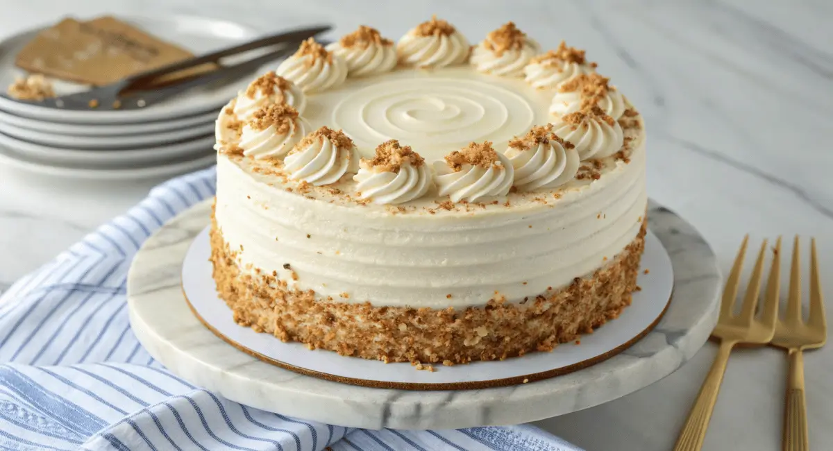 Image showcases a classic italian cream cake recipe with a smooth, creamy white frosting