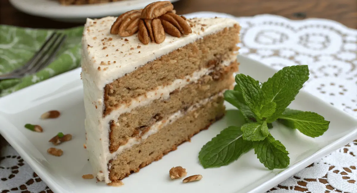 image showcases a style of food photography featuring a slice of two-layer italian cream cake recipe on a white plate.